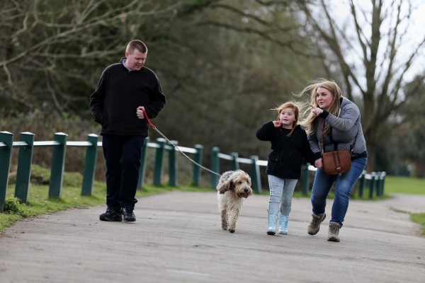 Family walking dog in the park 
