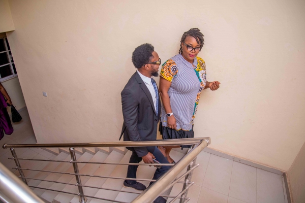 Colleagues climbing stairs