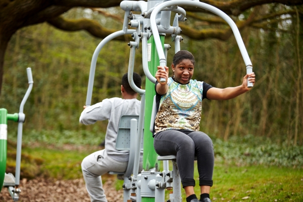 Friends using a green gym in the park